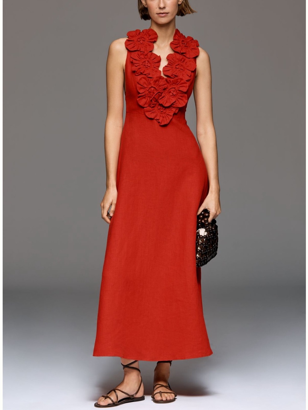 New FARM Rio Red 3D Floral Linen Sleeveless Maxi Dress